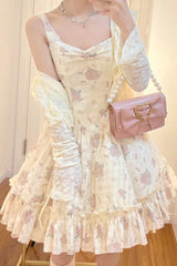 Pink Oblique Shoulder Print Ruffle Bowknot Lace Sweet Lolita Jsk Dress Set - Product - 6