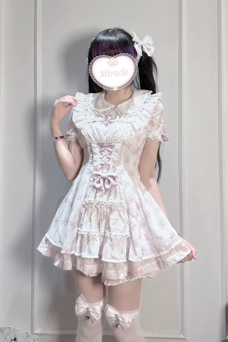 [Rose Letter] Peter Pan Collar Short Sleeves Double-Layered Printed Ruffled Open-Front Lace-Up Sweet Jirai Kei Dress Set 2 Colors - Product - 7