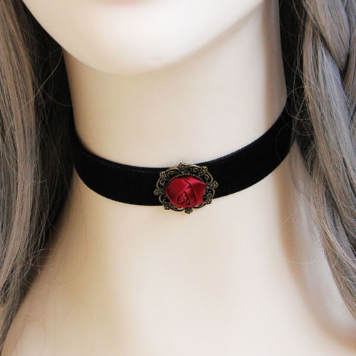 Red Queen Rose Flower Vampire Black Velvet Gothic Lolita Necklace - Red - 1