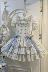 Light Blue Cotton Sleeveless Triple-Layered Printed Ruffled Bow Sweet Lolita Strap Dress - Product - 11