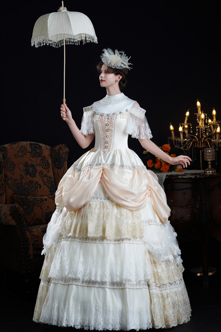 Champagne Stand Collar Multi-Layered Ruffled Lace Classic Vintage Palace Victorian Lolita Dress - Product - 8