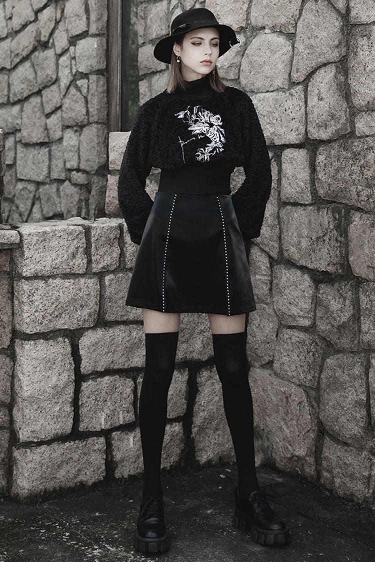 Black Rivet Lace A Version Slit Leather Women's Punk Skirt - Product - 4