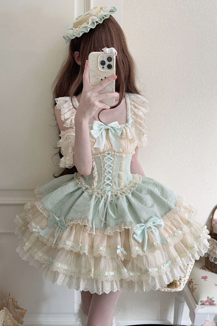 Green [Flory Butterfly] Double-Layered Ruffle Bowknot Lace Lace-Up Sweet Ballet Lolita Jsk Dress - Product - 4