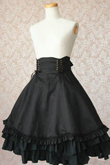 Black High Waisted Double Breasted Button Bowknot Ruffled Multi-Layer Gothic Lolita Skirt - Black - 1