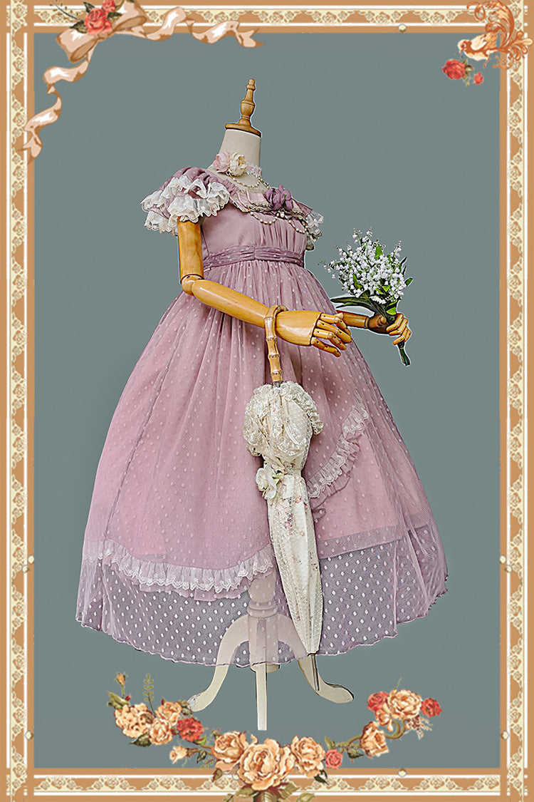 Pink [Moon goddess *Mediana*] Polka Dot Print Ruffle Bowknot Asymmetric Sweet Elegant Lolita Dress - Product - 7