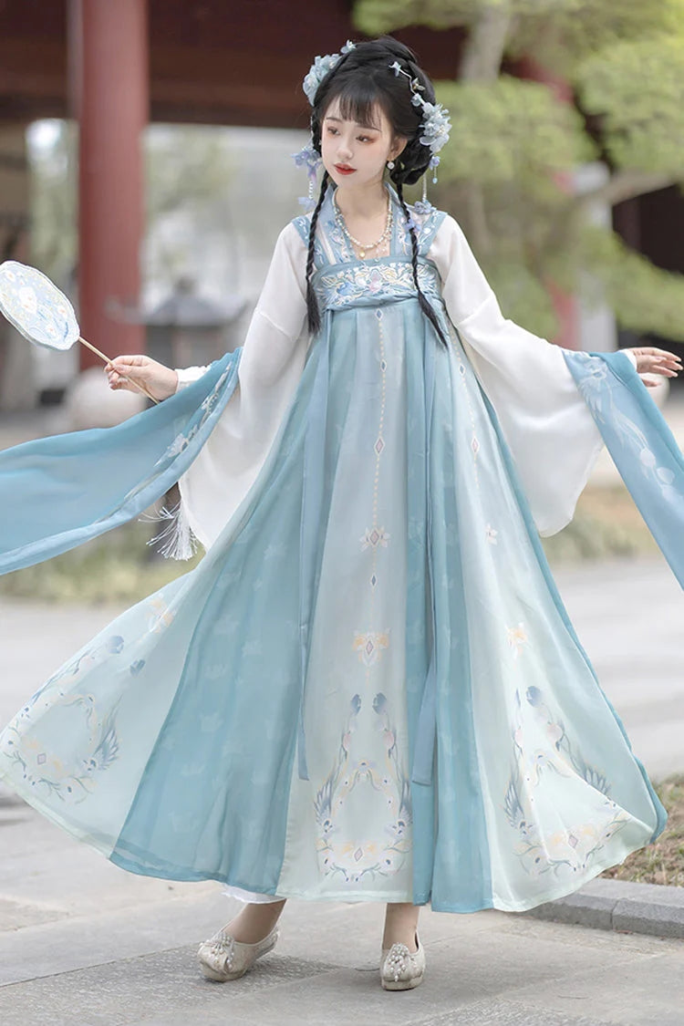 Blue Trumpet Sleeves High Waisted Print Embroidery Sweet Chinese Style Hanfu Dress Full Set - Product - 3