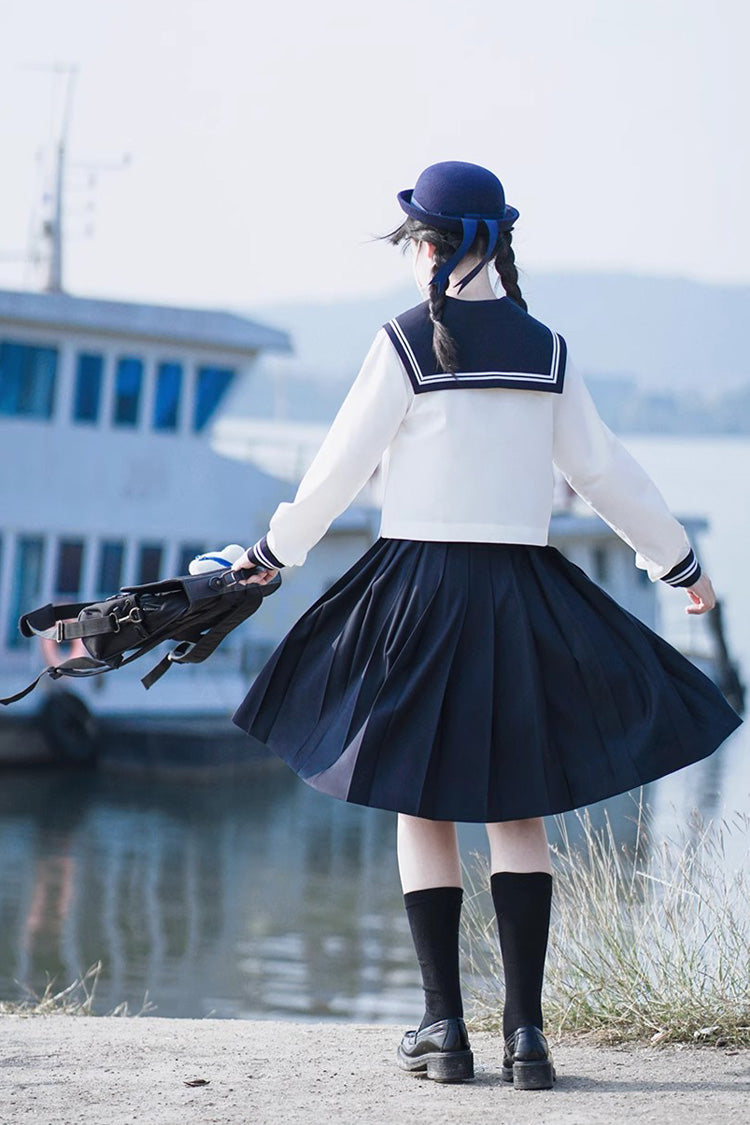 White/Dark Blue Long Sleeves Sweet Japanese School Skirt Set - Product - 4