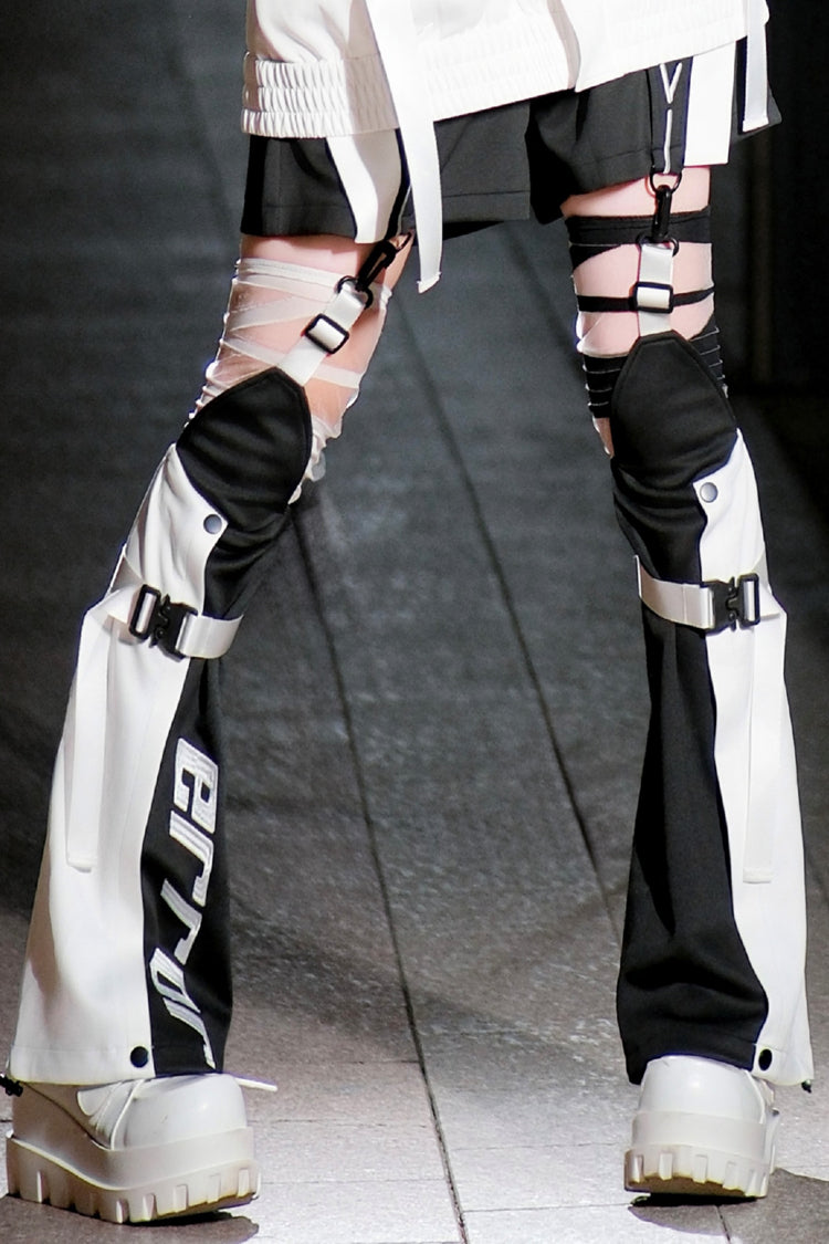 Black/White [Zero-Type Transformation] Techwear Long Sleeves Embroidered Hooded Punk Jirai Kei Shorts Coat Set - Leg-Warmers - 15