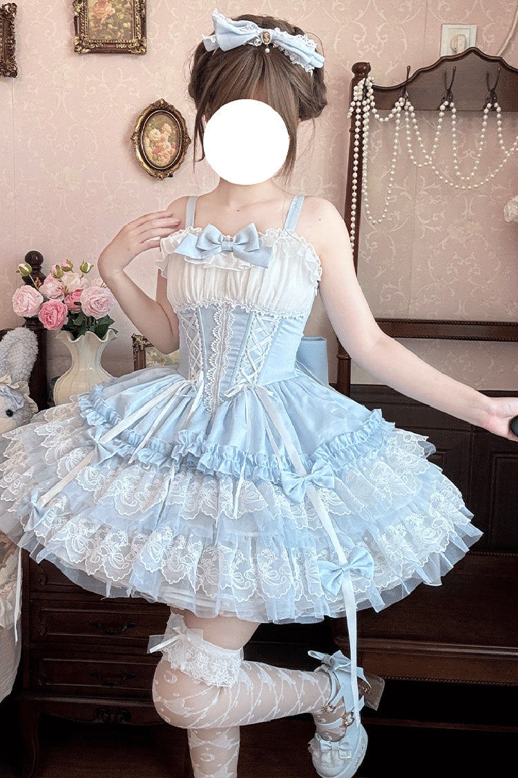 Blue [Dance of Time] Sleeveless Triple-Layered Ruffle Bowknot Lace Lace-Up Sweet Ballet Lolita Jsk Dress - Product - 2
