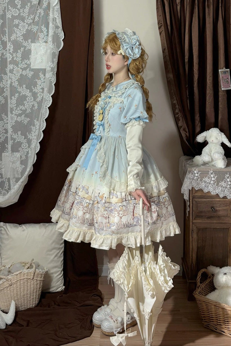 Blue [Angel Lamb] Lapel Collar Short Sleeves Printed Ruffled Bow Sweet Lolita Dress - Product - 3