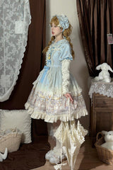 Blue [Angel Lamb] Lapel Collar Short Sleeves Printed Ruffled Bow Sweet Lolita Dress - Product - 3