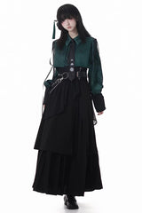 Green/Black [Moonlight Flowing] Long/Short Sleeves Ruffled Asymmetric Gothic Jirai Kei Skirt Set - Product - 2