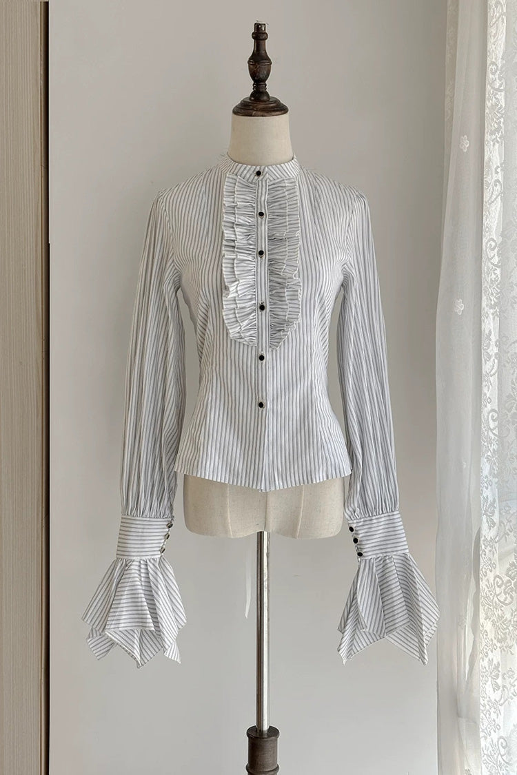 Black [Point Manor] Multi-Layered Striped Printed Ruffled Lifted Hem Bow Gothic Lolita Skirt - White-Striped-Blouse(Only) - 12