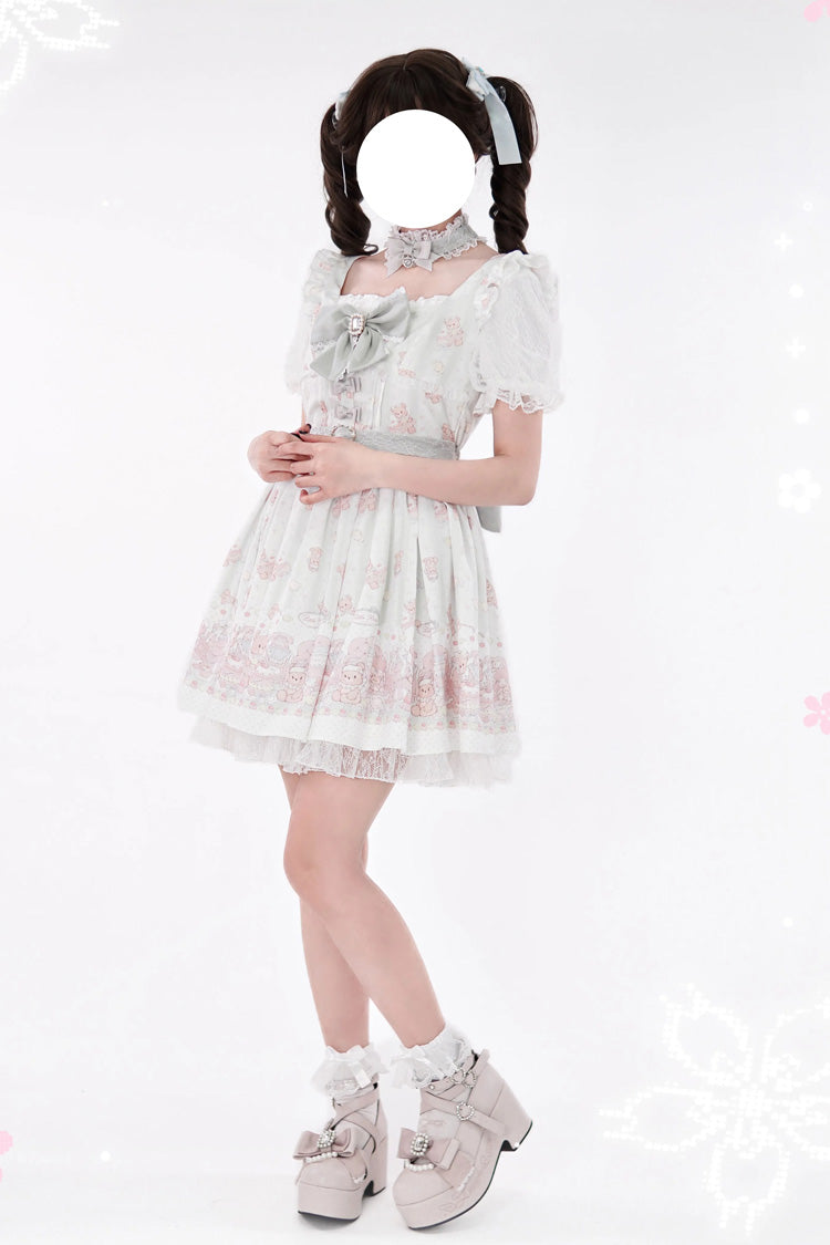 Pink/Green [Teddy Bear Party] Square Collar Short Sleeves Printed Ruffled Bow Lace Sweet Jirai Kei Japanese Dress - Product - 3