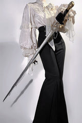 Black [The Rose and the Sword] Stand Collar Long Puff Sleeves Ruffled Embroidered Bow Classic Gothic Prince Ouji Lolita Pants Set - Product - 8