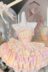 [Ribbon Dance] Multi-Layered Ruffle Bowknot Lace-Up Sweet Princess Lolita Dress 3 Colors - Pink/Yellow - 6