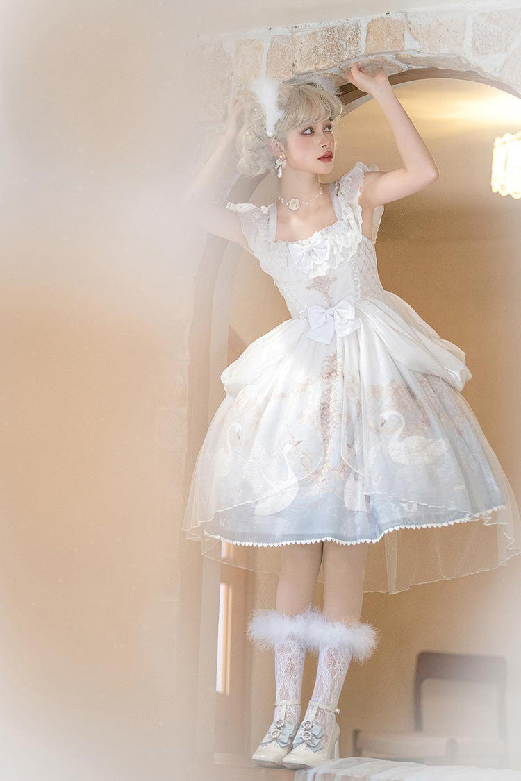White/Blue [Flower and Letter] Swan Lake Print Ruffle Bowknot Elegant Lolita Jsk Dress - Product - 8