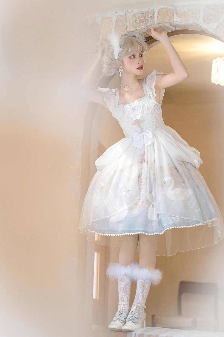 White/Blue [Flower and Letter] Swan Lake Print Ruffle Bowknot Elegant Lolita Jsk Dress - Product - 8