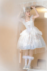 White/Blue [Flower and Letter] Swan Lake Print Ruffle Bowknot Elegant Lolita Jsk Dress - Product - 8