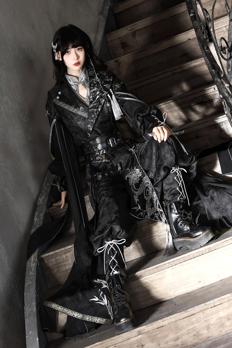 Black [Shadow Dragon Diving Into the Abyss] Long Sleeves Jacquard Embroidered Gothic Chinese Inspired Hanfu Ouji Lolita Set - Product - 2