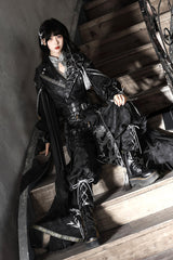 Black [Shadow Dragon Diving Into the Abyss] Long Sleeves Jacquard Embroidered Gothic Chinese Inspired Hanfu Ouji Lolita Set - Product - 2