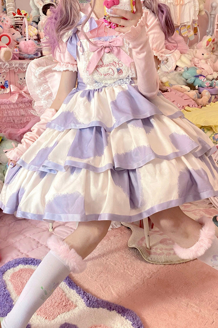 Blue Sleeveless Triple-Layered Cow Print Ruffle Bowknot Sweet Lolita Jsk Dress - Product - 5