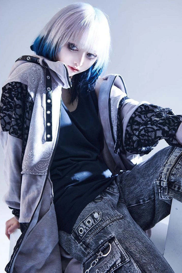 Color Blocking Long Sleeves Print Hooded Tie-dyed Zipper Jirai Kei Japanese Coat - Product - 5