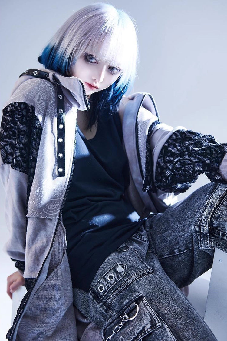 Color Blocking Long Sleeves Print Hooded Tie-dyed Zipper Jirai Kei Japanese Coat - Product - 5