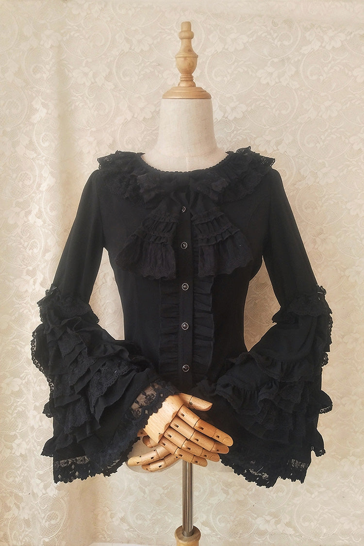 Long Trumpet Hime Sleeves Ruffle Bowknot Lace Sweet Gorgeous Lolita Blouse 2 Colors - Black - 3
