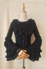 Long Trumpet Hime Sleeves Ruffle Bowknot Lace Sweet Gorgeous Lolita Blouse 2 Colors - Black - 3