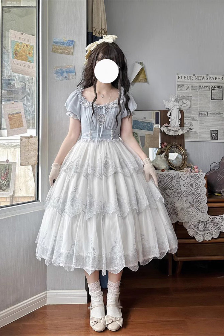 Light Blue Flower Promise Short Sleeves Multi-layer Print Sweet Elegant Princess Lolita Dress - Product - 3
