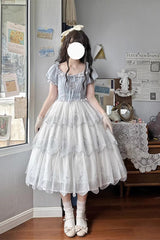 Light Blue Flower Promise Short Sleeves Multi-layer Print Sweet Elegant Princess Lolita Dress - Product - 3
