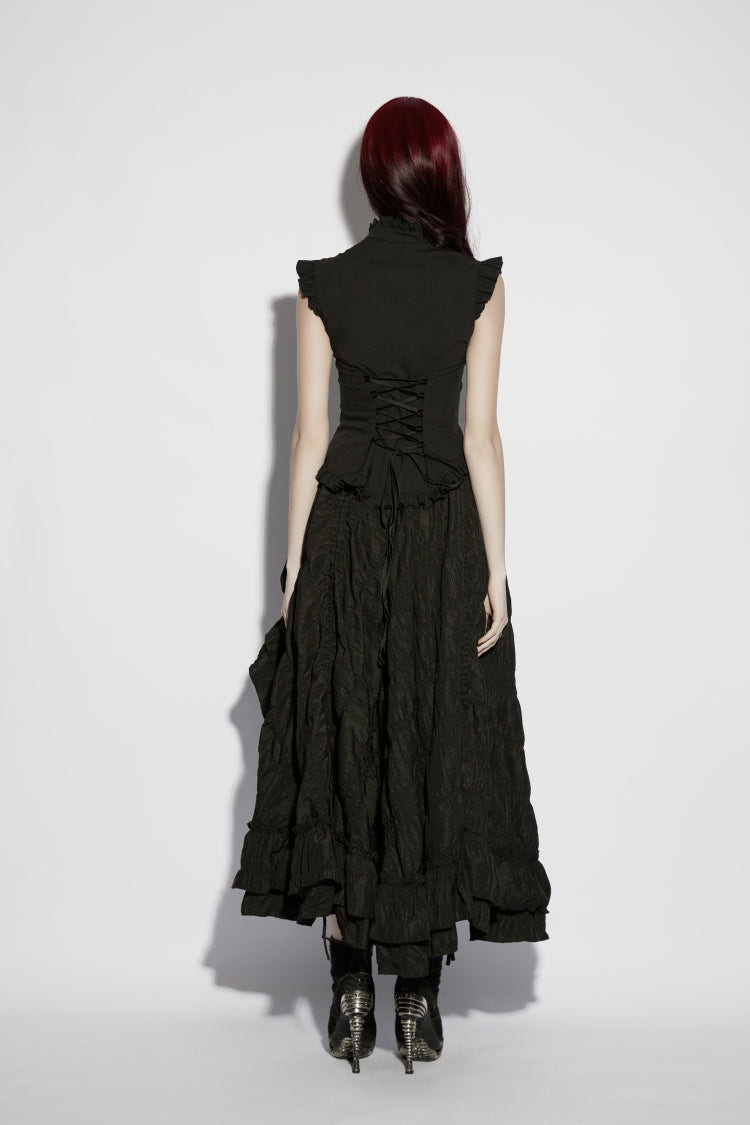 Black Stand Collar Sleeveless Ruffled Embroidered Lace-Up Slim Fit Women's Gothic Elegant Royal Blouse - Product - 3