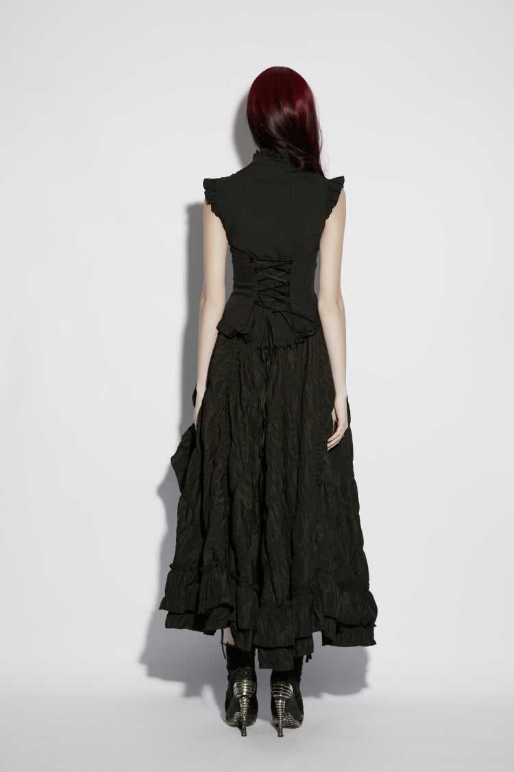 Black Stand Collar Sleeveless Ruffled Embroidered Lace-Up Slim Fit Women's Gothic Elegant Royal Blouse - Product - 3