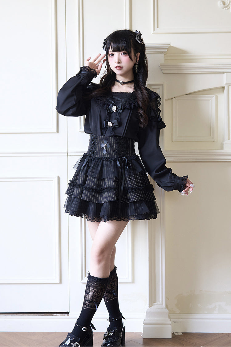 Jirai Kei Navy Collar Long Sleeves Bowknot Lace Sweet Japanese Blouse 3 Colors - Product - 12