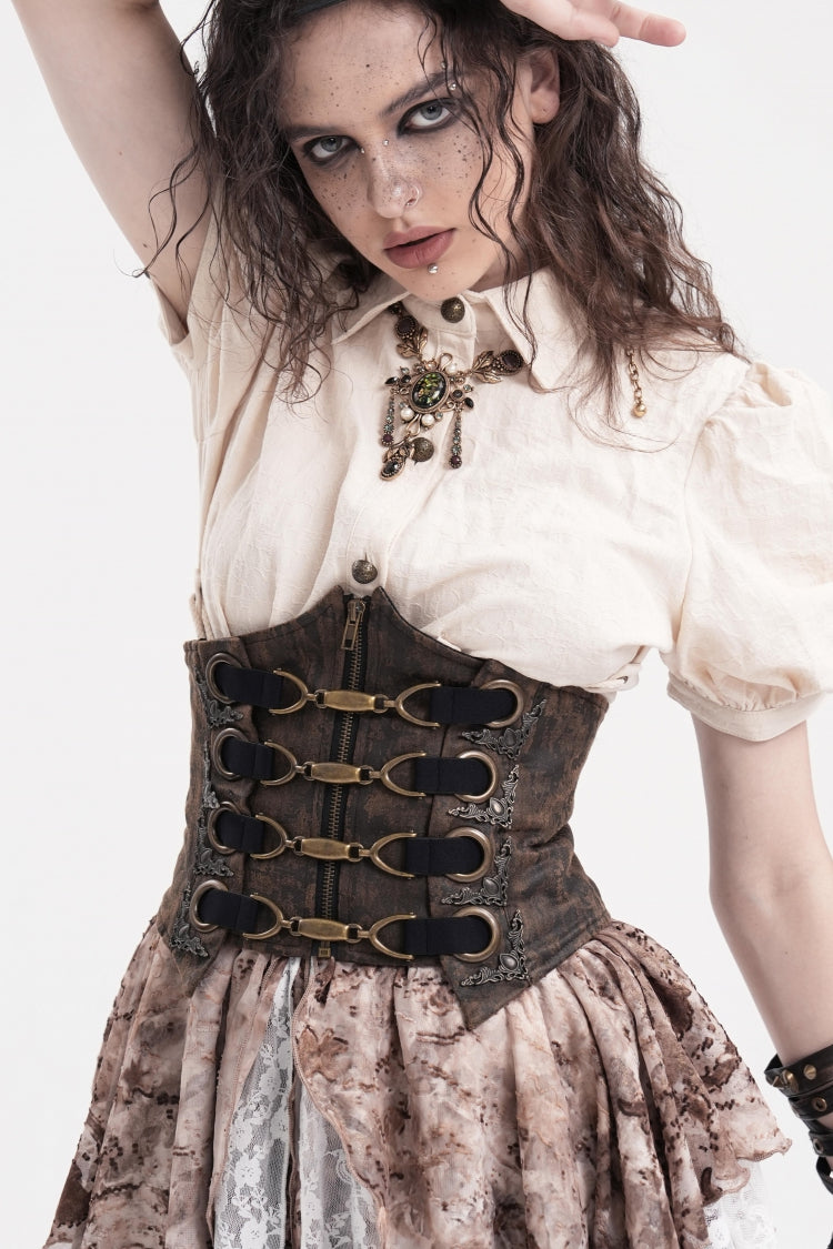 Brown Lace-Up Slim Zippered Women's Punk Underbust Corset - Product - 10