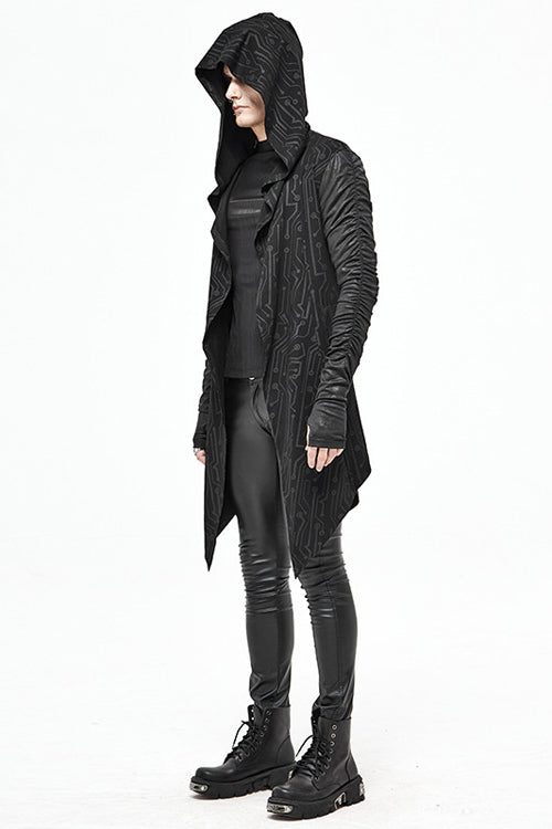 Black Hooded Wrinkled Sleeves Circuit Diagram Print Knit Long Mens Punk Coat - Product - 2
