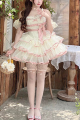 Pink/Beige Ballerina Style Bowknot Slim Fluffy Princess Sweet Lolita Tiered Dress - Pink/Beige - 1