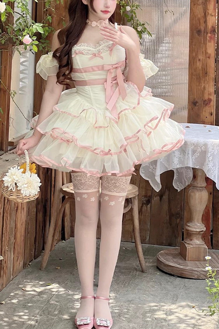 Pink/Beige Ballerina Style Bowknot Slim Fluffy Princess Sweet Lolita Tiered Dress - Pink/Beige - 1