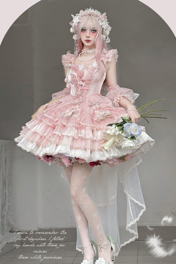 Pink [Tulip and Wind Chime] Multi-Layered Ruffle Bowknot Lace Sweet Gorgeous Lolita Jsk Dress - Product - 4