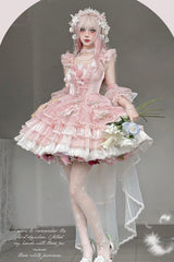 Pink [Tulip and Wind Chime] Multi-Layered Ruffle Bowknot Lace Sweet Gorgeous Lolita Jsk Dress - Product - 4