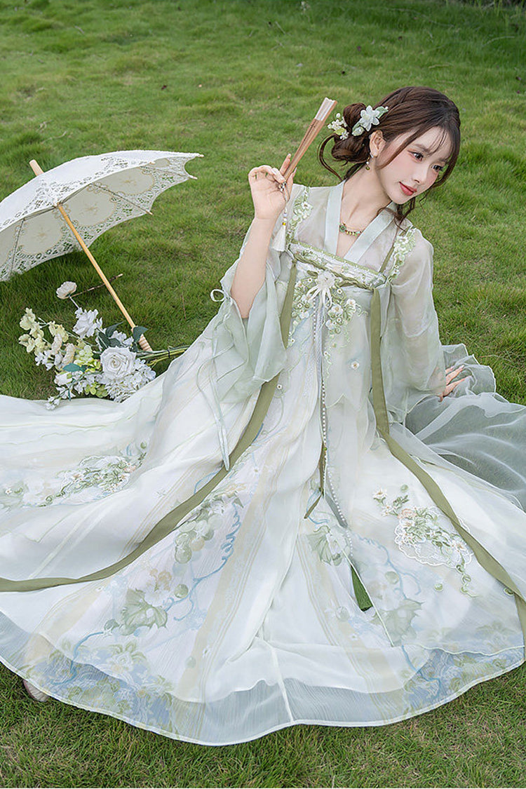 Green [Jade Green Grapes] High Waisted Embroidered Women's Sweet Hanfu Dress Set - Product - 5