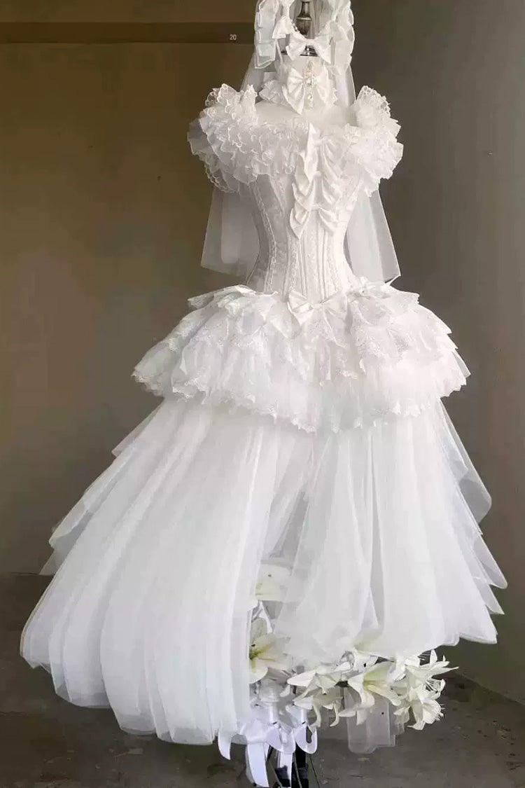 White [Pure White Prayer · Snow Love] Square Collar Ruffled Bow Lace Classic Gothic Lolita Dress Set - White - 1