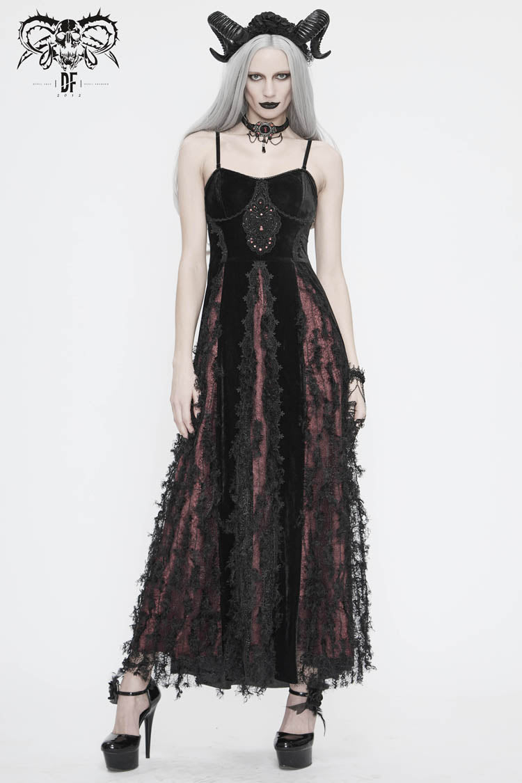 Red Front Chest Decals Dense Velvet Long Women's Gothic Sling Dress - Product - 2