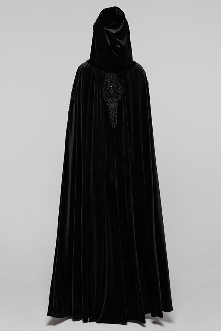 Black Floral Embroidery Diamante Velvet Hooded Women's Gothic Cloak - Product - 3