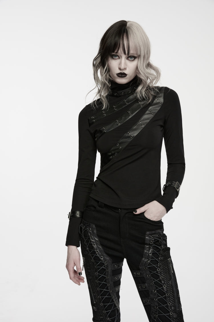 Black High Collar Long Sleeves Cut-Out Patchwork Slim Fit Asymmetric Buckled Women's Punk Cool Top - Black - 1