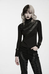 Black High Collar Long Sleeves Cut-Out Patchwork Slim Fit Asymmetric Buckled Women's Punk Cool Top - Black - 1