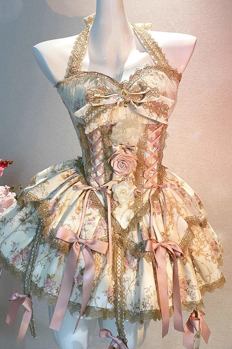 Champagne Halterneck Rich Flower Bowknot Lace-Up Sweet Gorgeous Lolita Skirt Dress Set - Product - 3