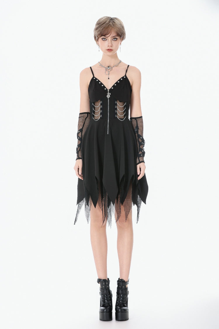 Black Sleeveless Mesh Spliced Studded Zipper Women's Punk Slip Dress - Product - 5