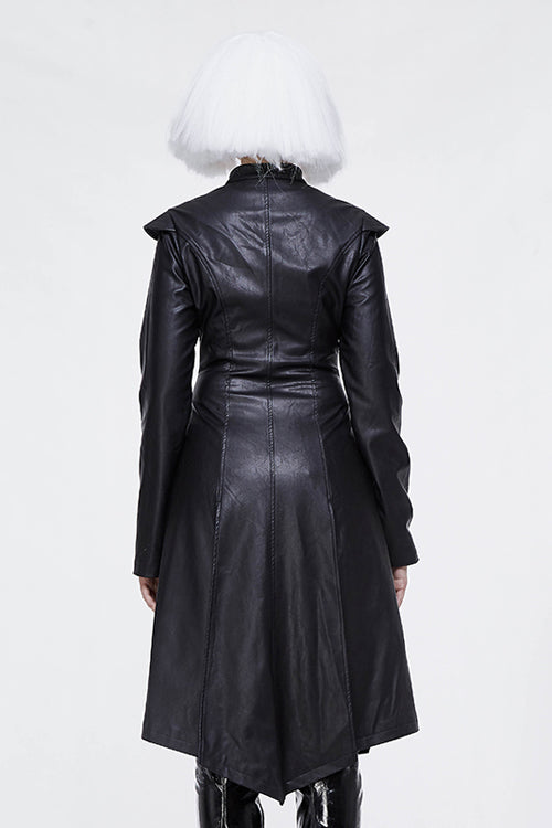 Black waisted short front and long back bare breast leather long womens Punk coat - Product - 3